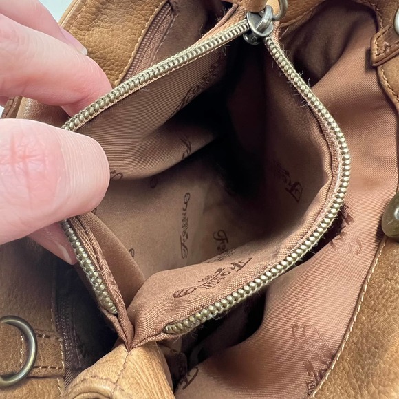 FOSSIL Vintage Tan Leather Satchel Removable Straps Zippered Pockets Crossbody - Picture 7 of 14